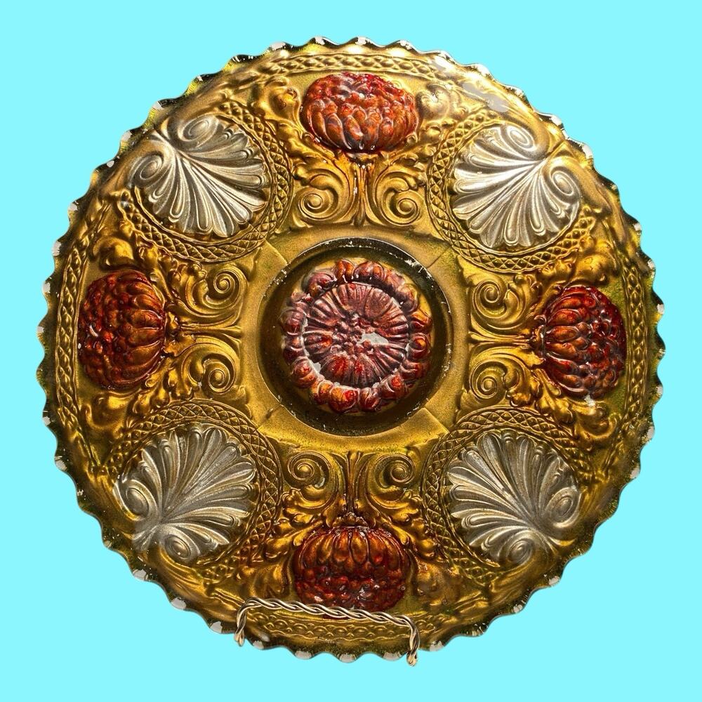Goofus Glass 11" Plate Antique EAPG Gold Red Flowers Silver Acanthus Leaves READ